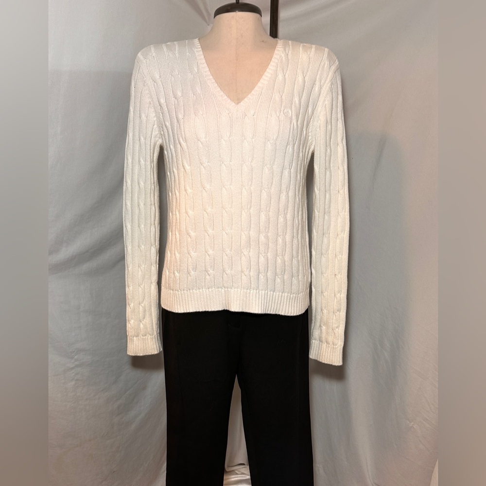 Chaps Women's White Cable Knit Sweater Med V-Neck 100% Cotton Classic Knit